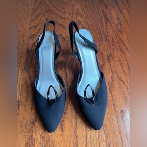 Impo Black Pointed Slingback Heels with Metal Teardrop Accent